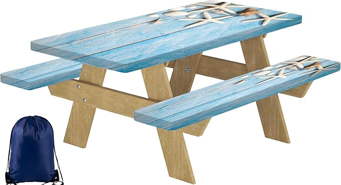 CAPSCEOLL Picnic Table Cover with Bench Covers 8Ft Waterproof Camping Tablecloth Sea Shells Outdoor Table Protector with Drawstring Bag for Camping Essentials, 96X30In, Summer Blue Wood