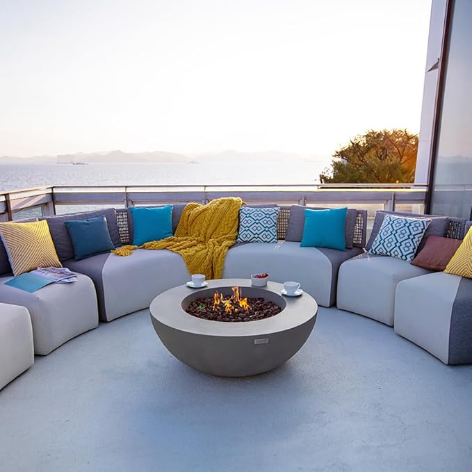 Elementi Lunar Bowl Fire Pit Bundle Outdoor Includes 42” Propane Concrete Firepit, Glass Windscreen, Stainless Steel Cover, Tank Cover, Canvas Cover, Floor Mat, Hammock, Beverage Tub