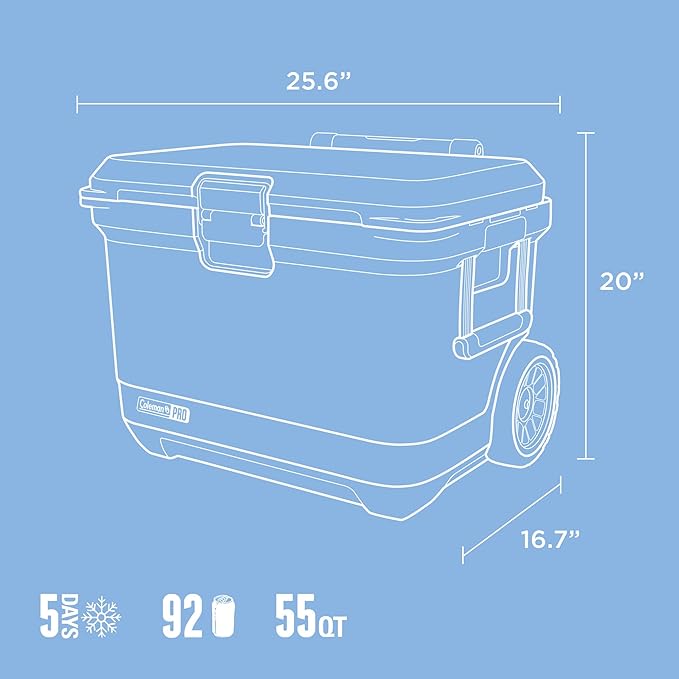 Coleman Pro Heavy-Duty 55qt Wheeled Ultra-Light Premium Hard Cooler, Extra-Thick Insulation Keeps Ice up to 5 Days, 92-Can Capacity, Heavy-Duty Wheels