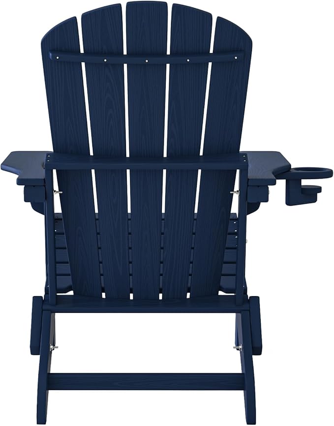 Folding Adirondack Chair, SGS Tested, Wooden Textured with Cup Holder, Heavy All-Weather HDPE Comfortable Set Poolside Backyard Lawn Navy Blue Set 4