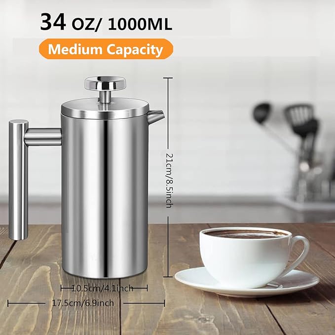 French Press Coffee Maker 34oz, Double-Wall Insulated French Press Stainless Steel 1L for travel camping, Included 2 Extra Screens and 1 Coffee Spoon (6-8cup 1000ml)