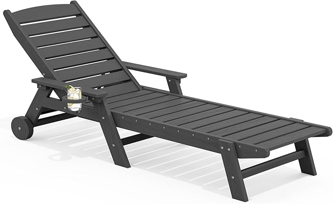 SERWALL Patio Chaise Lounge Chair, 78'' Long HDPE Outdoor Lounge Chair 5 Positions Adjustable Outdoor Lounger, Poly Lounge Chair with Rolling Wheels & Cup Holder for Pool, Slate Gray