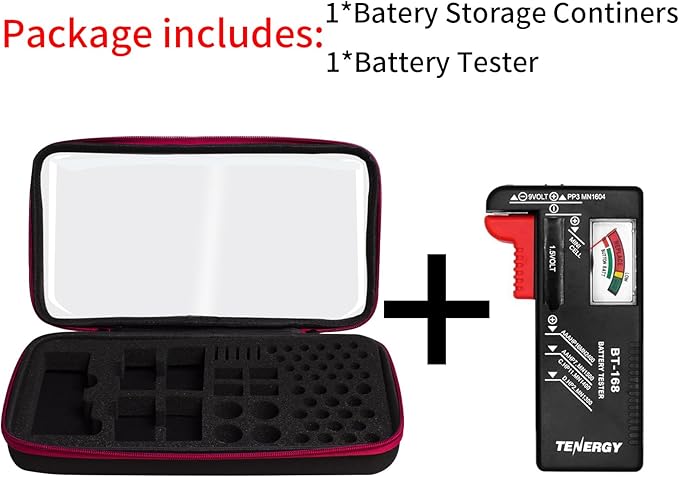 Battery Organizer Storage Case with Tester,Clear Batteries Storage Organizers Holds, Just The Right Size Slot with stable handle,Holds 57 Batteries Various Sizes(Batteries are Not Included)(Red)