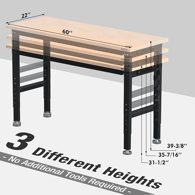 WORKPRO 60" Adjustable Workbench, Rubber Wood Top Heavy-Duty Workstation, 2000 LBS Load Capacity Hardwood Worktable with Power Outlets, for Workshop, Garage, Pack of 10