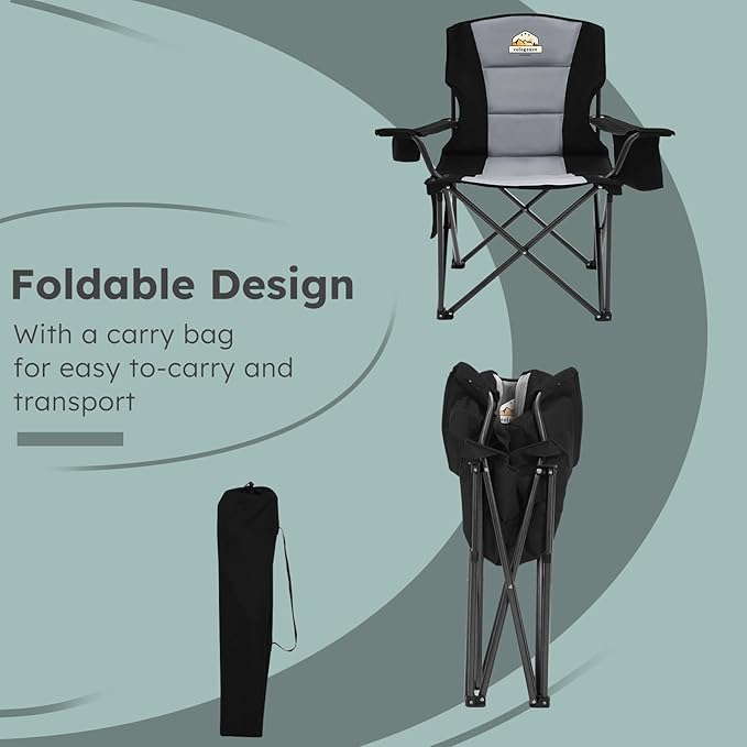 Oversized Folding Camping Chairs - 450 LBS Support Heavy Duty Camp Chair with Padded Cushion, Portable Outside Chairs with Carry Bag,Cooler, Cup Holder for Outdoor, Lawn, Sports - Black