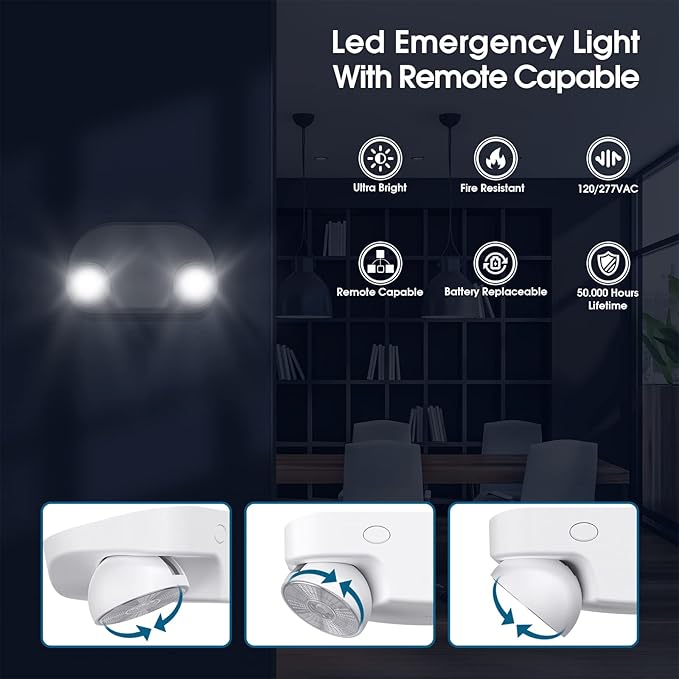 Led Emergency Light with Remote Capable, Adjustable LED Lamp Heads Exit Lighting, Backup Battery White Emergency Lights, 120V-277V Dual Voltage, UL Certified (1 Pack)