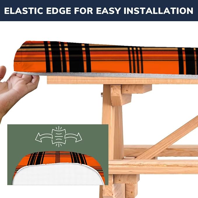 CAPSCEOLL Fitted Picnic Table Cover with Bench Covers with Elastic 6Ft Waterproof Camping Picnic Table Cover Cloths for Outdoors Camping Tablecloth with Drawstring Bag, 72X30in, Orange Plaid