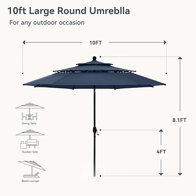 PHI VILLA 10ft Outdoor Patio Umbrellas for Outside, 3 Tier Vented Market Table Umbrella Windproof for Backyard, Deck, Garden, 1.5" Pole, Dark Blue(No Base)
