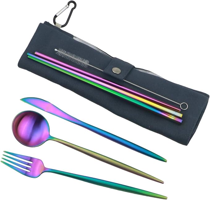 Gugrida Reusable Travel Utensils, 7 Piece Portable 304 Stainless Steel including Knife Fork Spoon Chopsticks Cleaning Brush Straws Portable Pouch, Eco-friendly Camping Silverware Set, Dishwasher Safe