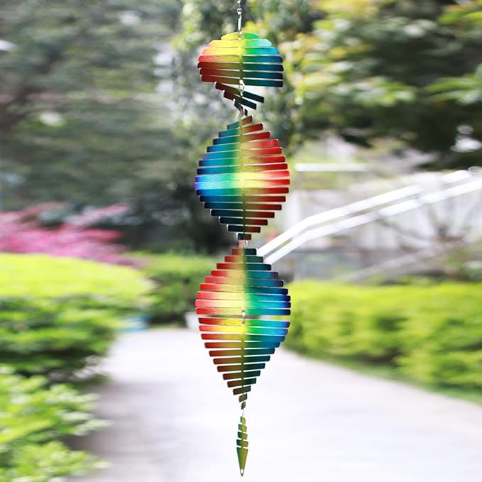 SPRING SONG Rainbow Helix Kinetic Wind Spinner for Yard and Garden Wind Spinner Outdoor Stainless Steel Long Hanging Rainbow Decor 3D Garden Art Wind Sculpture Spinners Kinetic Art Spinner