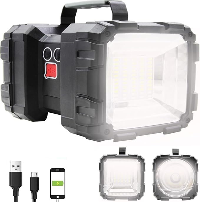Rechargeable LED Searchlight Flashlight, LED Spotlight Big Power Capacity 15000LM 20h Ultra-Long Standby 7 Lights Modes Camping Work Light, Waterproof, for Home, Outdoor (55 LEDs)