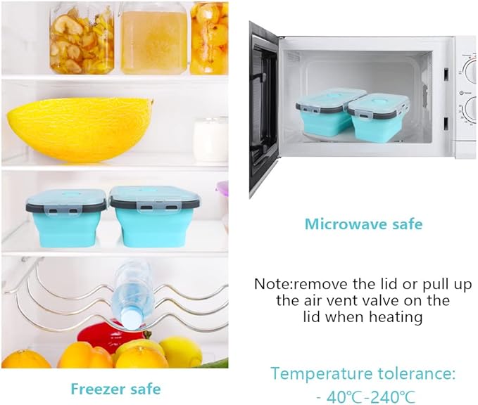 Set of 4 Collapsible Foldable Silicone Food Storage Containers,Ktichen Collapsible Storage Bowls with Airtight Plastic Lids for Leftover, Silicone Lunch Box-Microwave,Dishwasher,Freezer Safe