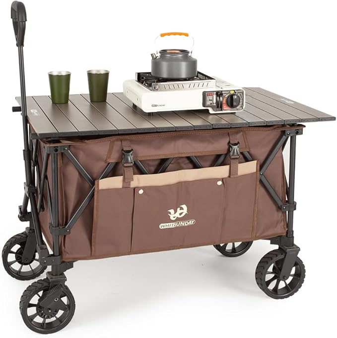 Whitsunday Folding Collapsible Utility Wagon, Heavy Duty Outdoor Park Beach Wagon with Table and Side Pocket for Camping Sports Shopping Brown