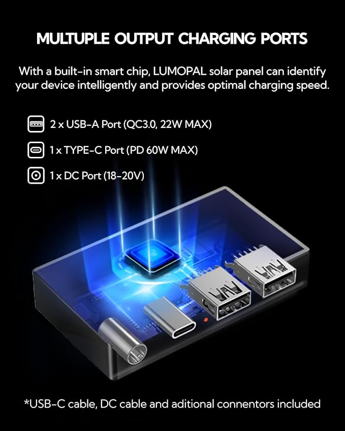 Portable Solar Panel, LUMOPAL 60W Foldable Solar Panels Folding Solar Charger with PD60W USB-C 5V USB-A QC3.0 DC18-20V, IP65 Waterproof for Camping Backpack Compatible with Phone Laptop Power Station