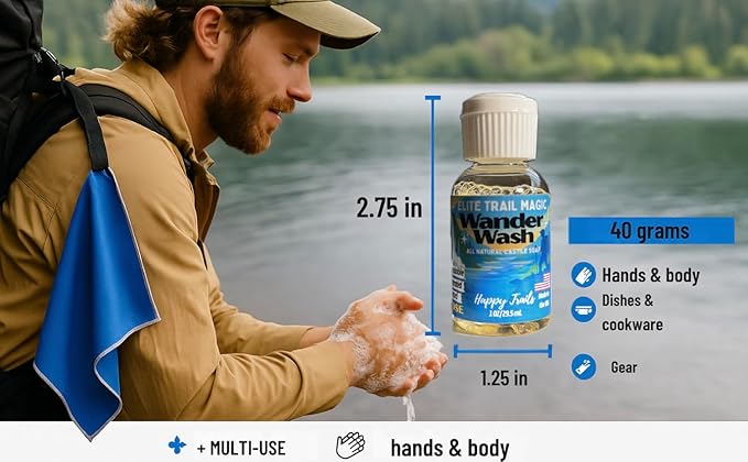 Elite Trail Magic- Wander Wash Biodegradable Castile Soap โ Ultralight 1 oz Concentrated Liquid Soap for Camping, Travel & Backpacking โ All Purpose, Unscented, Made in USA
