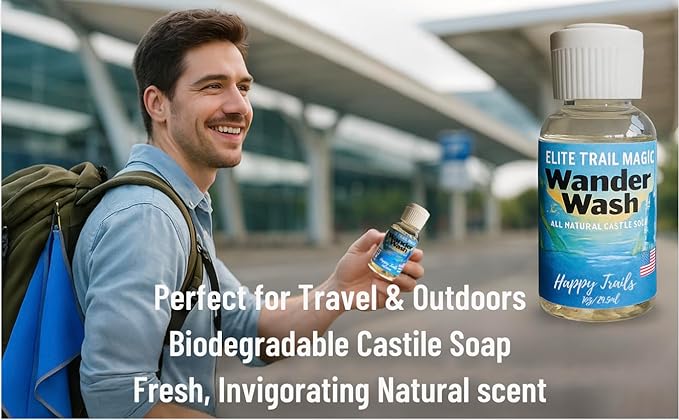 Elite Trail Magic- Wander Wash Biodegradable Castile Soap โ Ultralight 1 oz Concentrated Liquid Soap for Camping, Travel & Backpacking โ All Purpose, Unscented, Made in USA