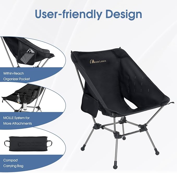 MOON LENCE Portable Camping Chair Plus, Upgraded Comfort & Size, Compact and Lightweight Still, Folding Chair for Backpacking & Hiking, 330Lbs Capacity (Black 2 Pack)