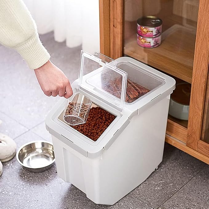 RUIAN Pet Food Storage Container, 22lb Grain Storage Barrels Sealed Bucket on Wheels Dog Cat Dry Food Bin Rice Flour Boxes with Scoop and Measuring Cup, Gray & Pink 2Pcs