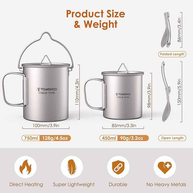 TOMSHOO Titanium Pot with Lid - Camping Mug with Foldable Handle for Hiking, Travelling, Backpacking