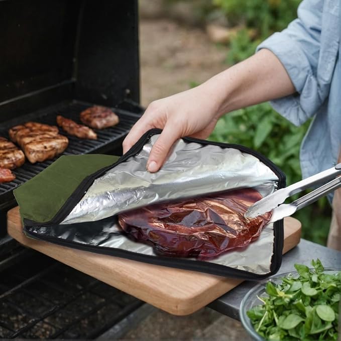 BBQ Blanket for Resting Meat, 5-Layer Insulated Meat Resting Bag for Moisture Retention and Perfect BBQ, Wide Mouth with Handle Design for Briskets, Pork Shoulders, Steaks (Gray Green, 21 Inch)