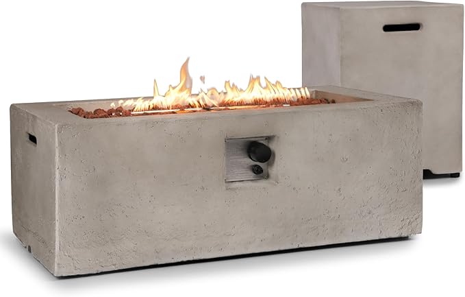 Rectangular Propane Fire Pit,42 Inch Outdoor Fire Pit Table 2-Piece 50,000 BTU,Concrete Firepit with Tank Cover Table w/Lava Rocks Gas Fireplace for Patio & Deck