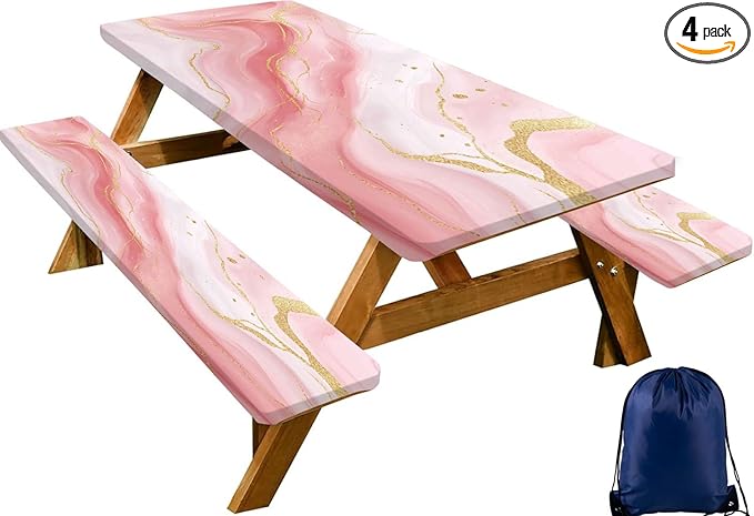 CAPSCEOLL Elastic Picnic Table Cover with Bench Covers 5Ft Waterproof Fitted Picnic Table Cover Cloths for Outdoors Camping Tablecloth with Drawstring Bag, 60X30in, Pink Marble