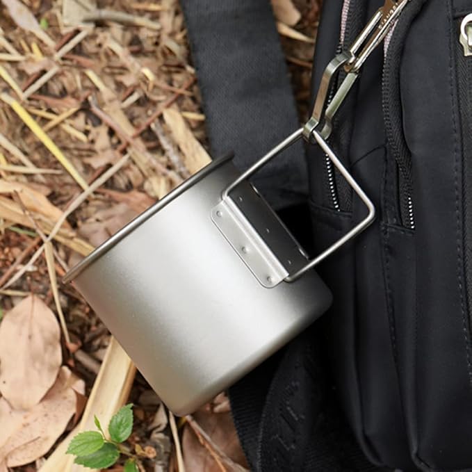 TOMSHOO Titanium Camping Pot and Outdoor Mug With Lid - Coffee Cup With Foldable Handle for Hiking, Travelling, Backpacking, and Open Fire