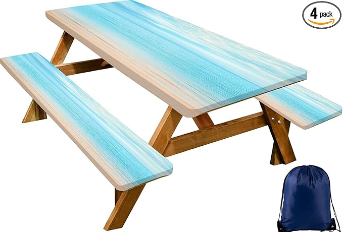 CAPSCEOLL Fitted Picnic Table Cover with Bench Covers with Elastic 6Ft Waterproof Camping Picnic Table Cover Cloths for Outdoors Camping Tablecloth with Drawstring Bag, 72X30in, Summer Beach