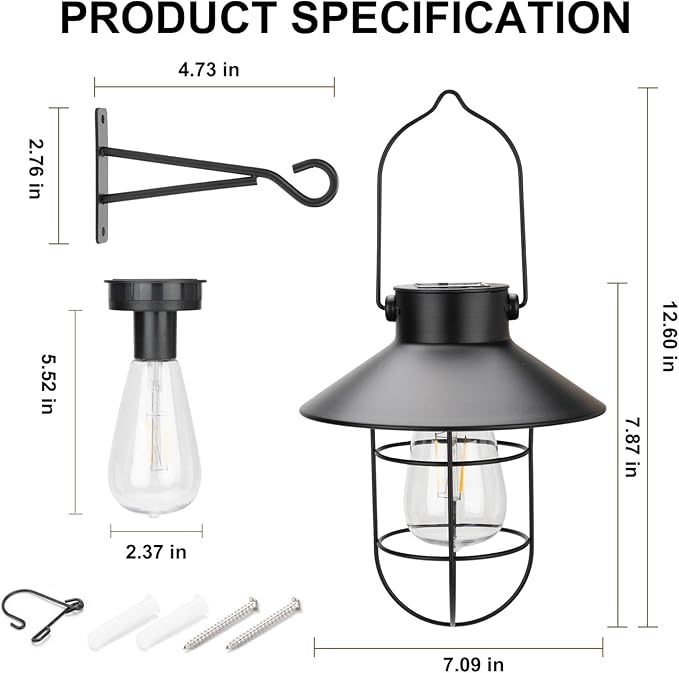 pearlstar Solar Lanterns Outdoor Metal Solar Powered Hanging Lights Waterproof for Wall Barn Yard Garden Patio Garage Balcony Porch Fence Decor, Warm White Edison Bulb (Black-2pack)