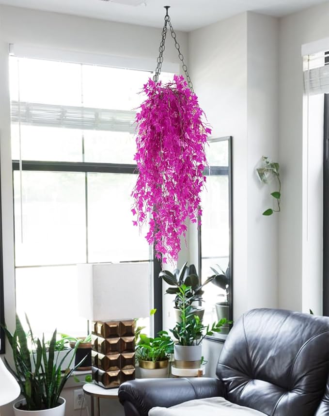 RECUTMS Fake Hanging Plants Artificial Ivy Leaf Faux Vine Plants Outdoor Artificial Hanging Plants Fake Plant Wall Decor Indoor UV Resistant Plants Home Room Decoration(Pure Fuchsia)
