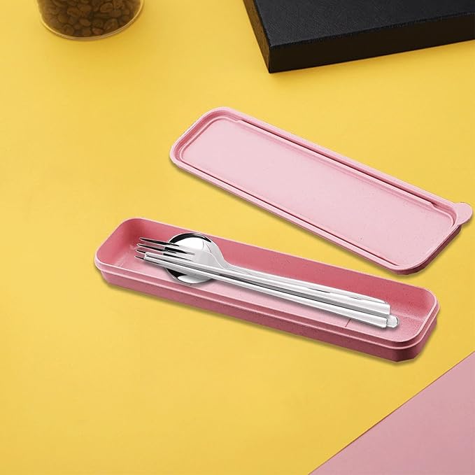1Pcs Simple Utensil Holder with Lid, Reusable Utensils Wheat Straw Travel Cutlery Box,Portable Flatware Box Travel Tableware Storage Case, Simple Tableware Storage Box Case for Cutlery Kit (Pink)