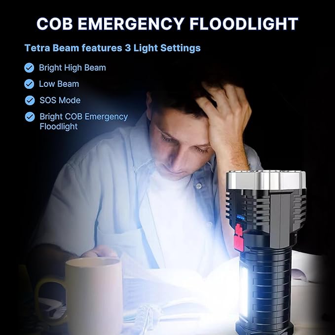 TetraBeam Rechargeable Tactical Flashlight with Advanced COB LED Tech โ USB Rechargeable Flashlights, Water-Resistant Work Light, 3 Light Settings, Emergency Floodlight, Real-Time Power Monitoring