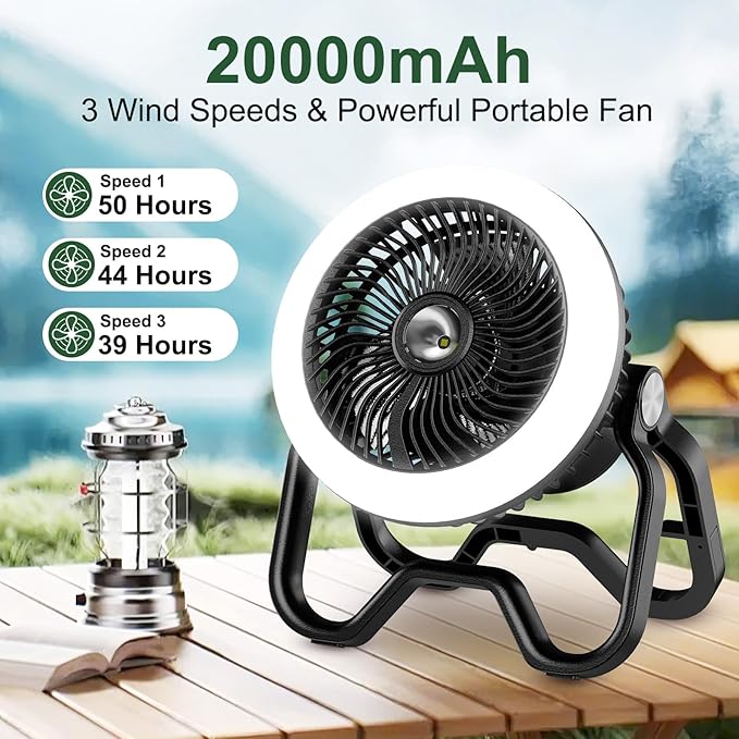 Portable Rechargeable Camping Fan with LED Lantern-40Hrs, Battery Operated Oscillating Fan with Remote, 3 Speeds for Tents, Outdoor, RV, Outage(Black)