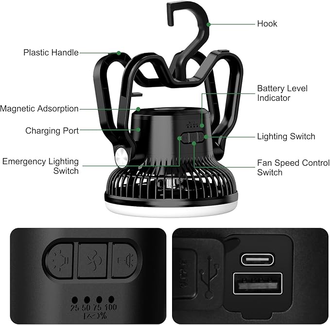 Portable Rechargeable Camping Fan with LED Lantern-40Hrs, Battery Operated Oscillating Fan with Remote, 3 Speeds for Tents, Outdoor, RV, Outage(Black)