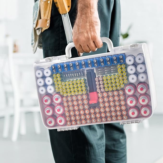 Battery Organizer Storage Case with Double-Sided, Garage Box with Tester Checker Batteries Container for 269pcs AA AAA AAAA 3A 4A 9V C D Lithium 4LR44 CR2 CR123A CR1632 CR2032 18650(Case Only)-White