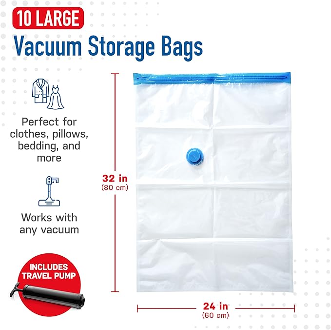 10 Pack Large Vacuum Storage Bags for Comforters, Blankets & Clothes – Vacuum Sealed Compression Bags with Hand Pump – Space Saver Storage Bags for Bedding, Moving, Travel & Organization