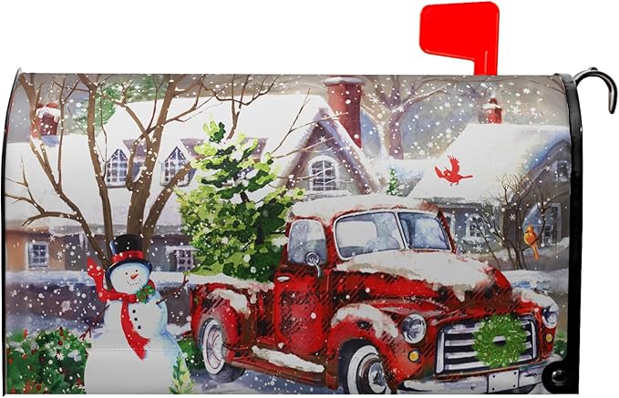 Red Buffalo Plaid Winter Snowman Mailbox Covers - Xmas Decorations, Magnetic, Waterproof, Standard Size 25.5x21 inch for Garden Yard Home Decor