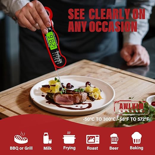 AWLKIM® Digital Meat Thermometer for Cooking - IP67 Waterproof Kitchen Thermometer with Backlight and Hold, Fast Instant Read Thermometer, Candy Making, Outside Grill, Stocking Stuffers for Men-2 pack