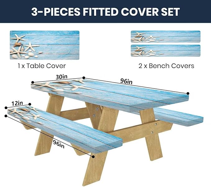 CAPSCEOLL Picnic Table Cover with Bench Covers 8Ft Waterproof Camping Tablecloth Sea Shells Outdoor Table Protector with Drawstring Bag for Camping Essentials, 96X30In, Summer Blue Wood