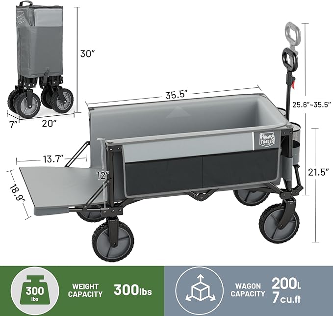 Timber Ridge 49" Extra Long Collapsible Folding Wagon with Tailgate and Brakes, 300lbs Heavy Duty Foldable Wagon with Adjustable Handle, 250L Capacity Portable Cart for Outdoor Camping Sports, Grey