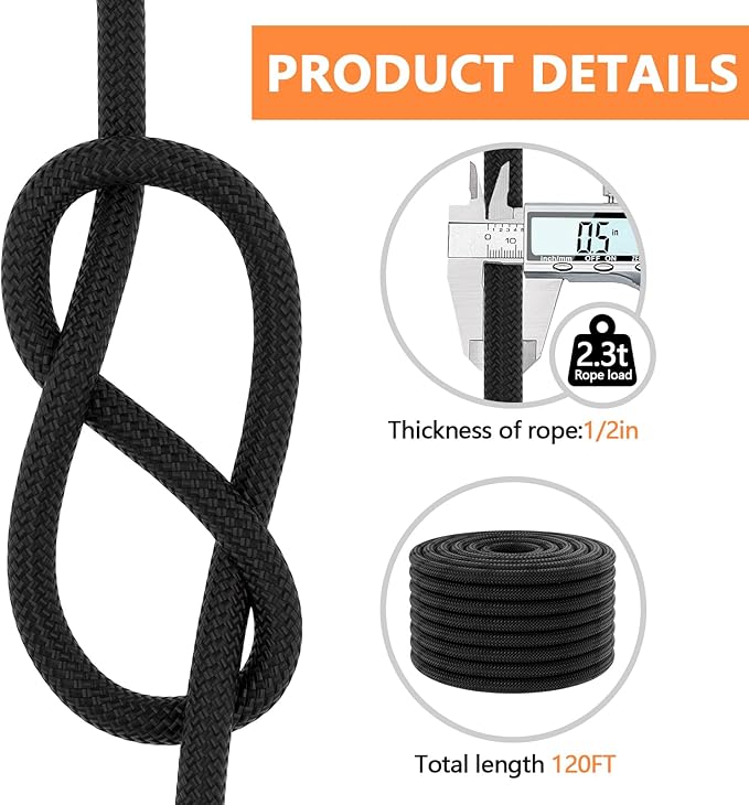 X XBEN Braided Polyester Arborist Rope 1/2 inch X 120ft, 48 Strands, 12 inner core,5174 LBS Breaking Strength Outdoor Ropes, Arborist Rigging Code for Rock Hiking Camping Swing Tree,Black Rescue,Black