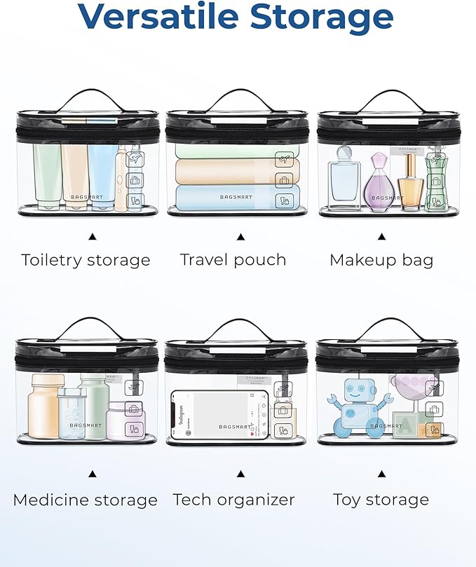 BAGSMART TSA Approved Toiletry Bag, 2 Pack Clear Makeup Cosmetic Bag Organizer, Quart Size Travel Bag for Toiletries, Carry-on Travel Accessories Essentials, Gray-2pcs