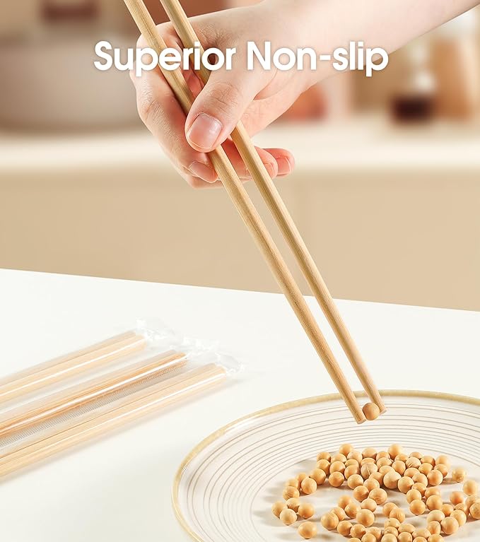 100Pairs Bamboo Chopsticks Disposable | Individually Wrapped | Bulk | Separated | Round | Premium Quality-(9.45in)