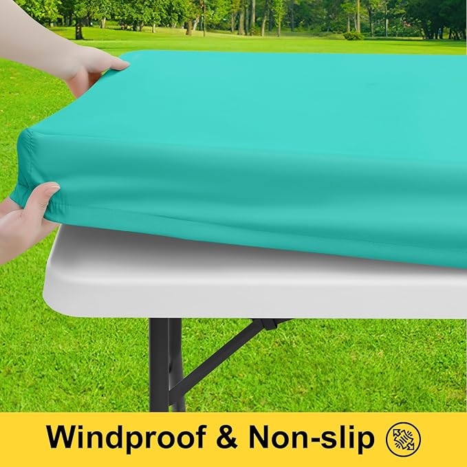 Smiry Picnic Table Cover with Bench Covers, Waterproof Elastic Fitted Polyester Tablecloths for 8 Ft Rectangle Tables, Washable Windproof Tablecloth for Camping, RV & Outdoor (Teal, 30x96 Inches)