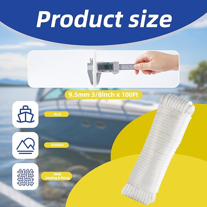 White Nylon Rope 3/8inch 100ft Braided Multi-Purpose Ropes for Outdoor&Indoor Heavy Duty for Camping, Boat, Garden, Clothesline, Marine, Soft & Flexible, High Tensile Strength
