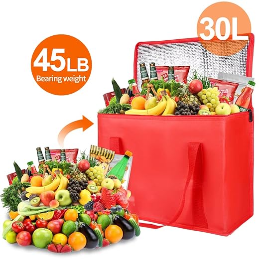 Bodaon 5-Pack Cooler Insulated Food Delivery Bag, X-Large With Top Zippered Bags for Grocery、DoorDash、Catering、Shopping,Thermal Hot Pizza, Large Cold and Frozen Door Dash Accessories, XL Tote, Red