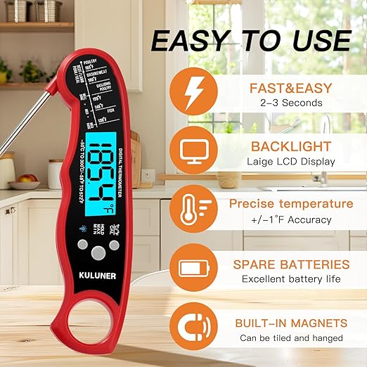 TP-01 Waterproof Digital Instant Read Meat Thermometer with 4.6 Folding Probe Backlight Calibration Function for Cooking Food Candy, BBQ Grill, Liquids,Beef(Red)