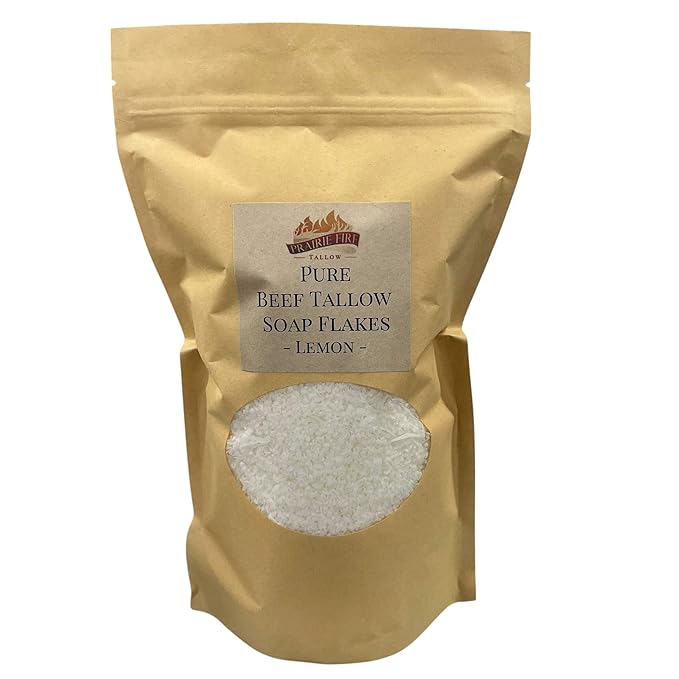Pure Beef Tallow Soap Flakes - Made in USA - Grass Fed and Finished - Face, Body and Hair - Cleans, Moisturizes, Soothes, and Hydrates. Natural and Organic Lemon