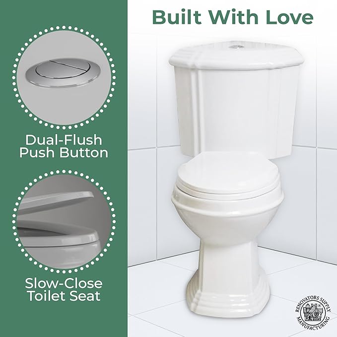Renovators Supply Sheffield Corner 2-Piece Elongated Toilet 33.75"D X 19"W X 32.25"H WaterSense Dual Flush White Elongated Toilet With Slow Close Seat Heavy Duty Porcelain