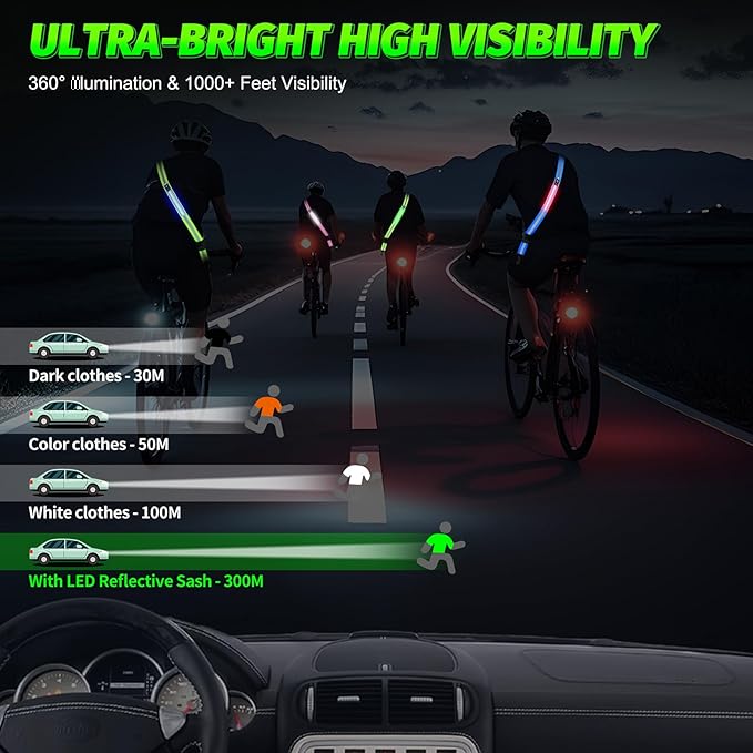 LED Running Gear High Visibility Reflective Belt Sash, Adjustable Night Walking Safety Gear, Rechargeable Light Up Running Reflective Belt for Runners Walkers Men Women